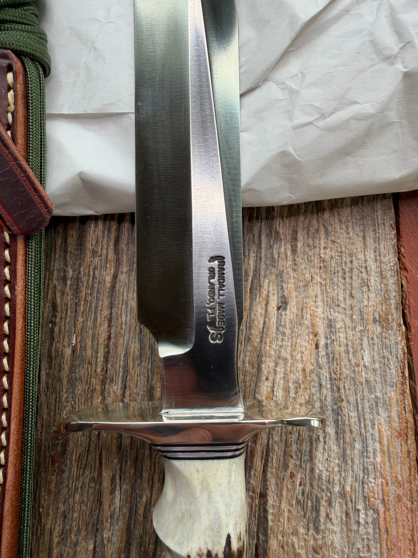 New in Paper Randall Made Knife Model 1-8 Stag with finger grooves handle, Stainless, Nickel silver Hilt, black and aluminum spacers, loaded!!