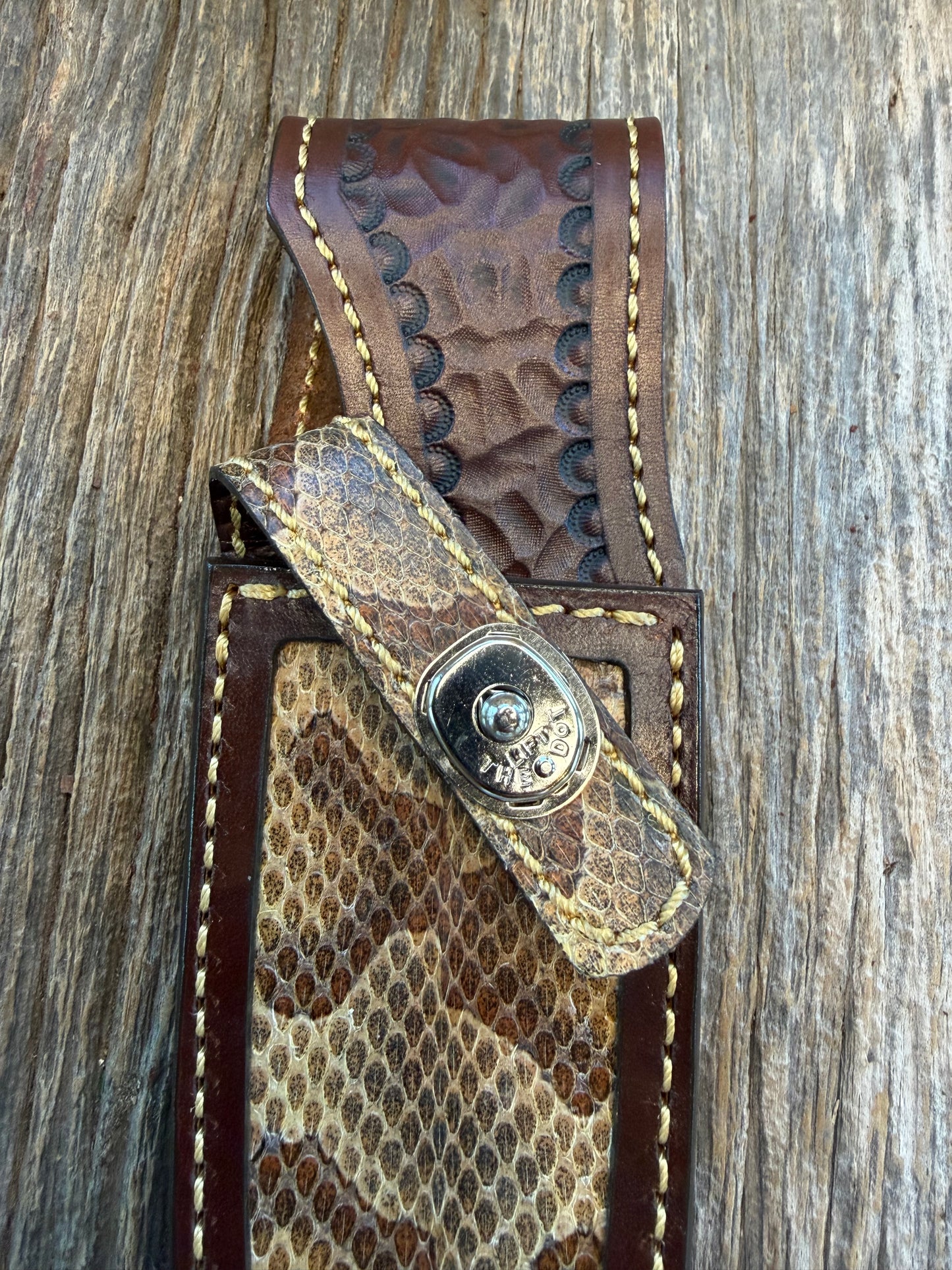 Randall Model 11-5 Sheath in Exotic Eastern Copperhead from Treeman Sheaths. Stunning colors and pattern.