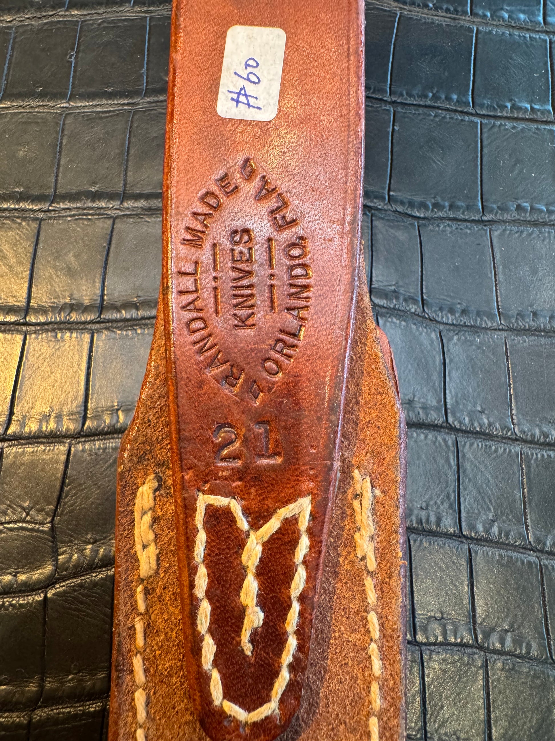 Randall Model 21 Sheath Butterfly stitching in Tan Leather made by Johnson Sheaths in the 90’s for Randall Knives.