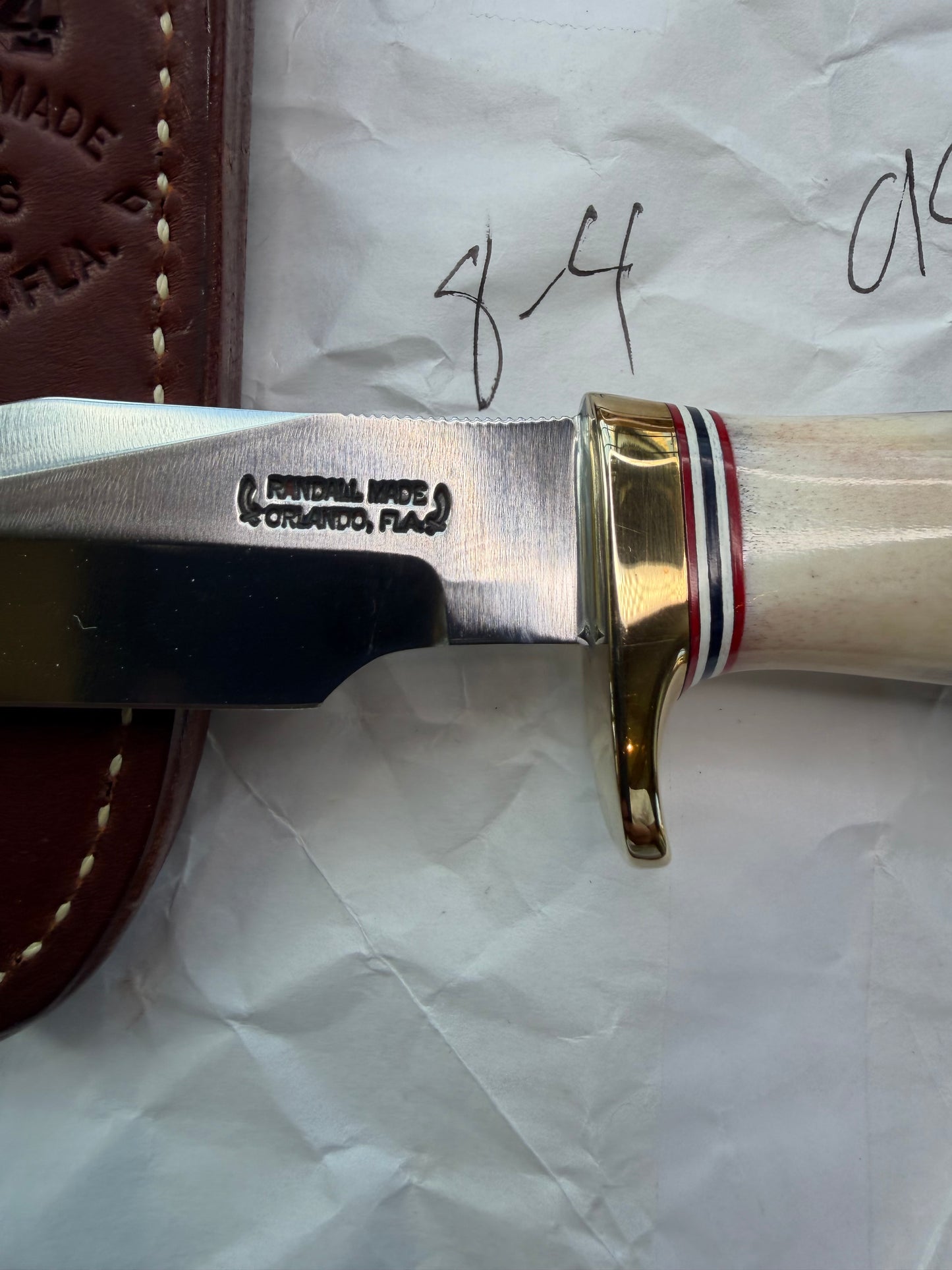 New Randall Knife Model 8-4 New Catalog Old Style Trout & Bird Carbon & Stag, Red white and blue spacers.