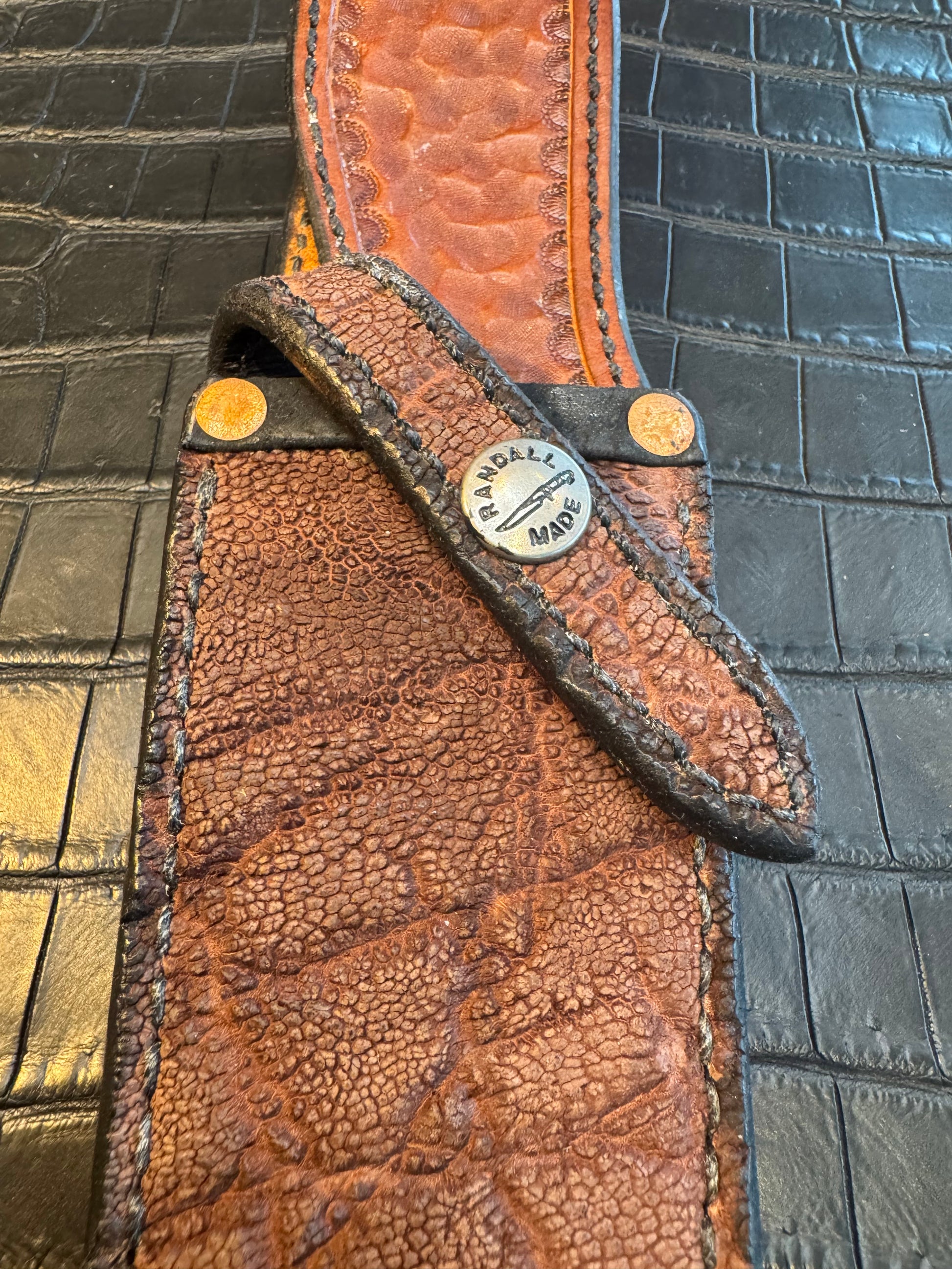 Randall Model 25-6 Sheath in Exotic Thick Brown Elephant Custom Made at Sullivan’s by Gutcher.