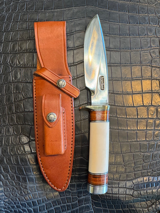 Randall Model 25-6 in Elephant Ivory with stacked Leather, Nickel Silver Hilt and Aluminum Butt cap. Flawless.