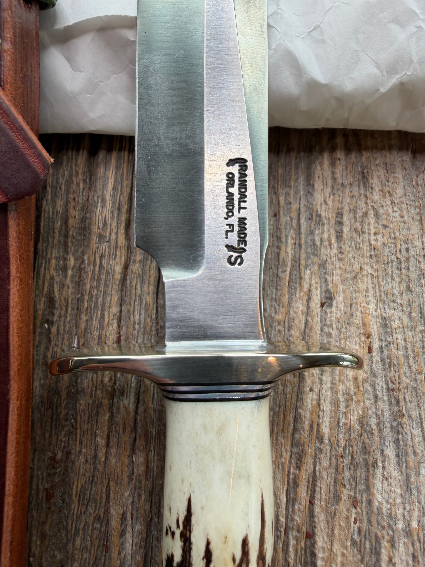 New in Paper Randall Made Knife Model 1-7 Stag , Stainless, Black and Aluminum spacers, Nickel Silver Hilt, Aluminum butt cap.