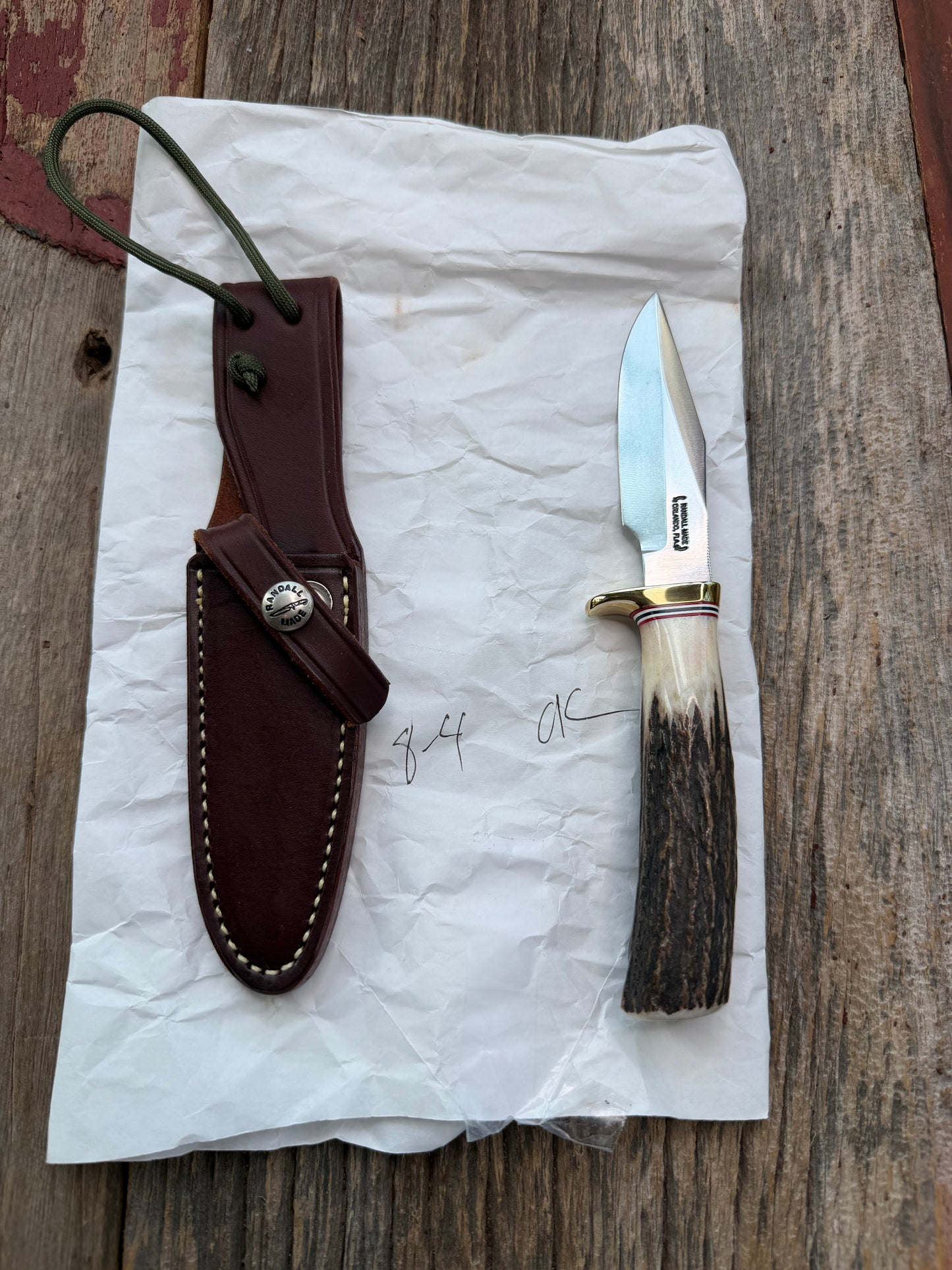 New Randall Knife Model 8-4 New Catalog Old Style Trout & Bird Carbon & Stag, Red white and blue spacers.