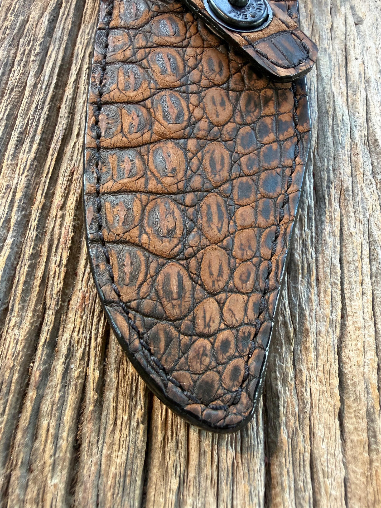 New Randall Model 19-5 Sheath in Exotic Dark Brown Sueded Crocodile from Treeman with the newest Black Canteen snap.