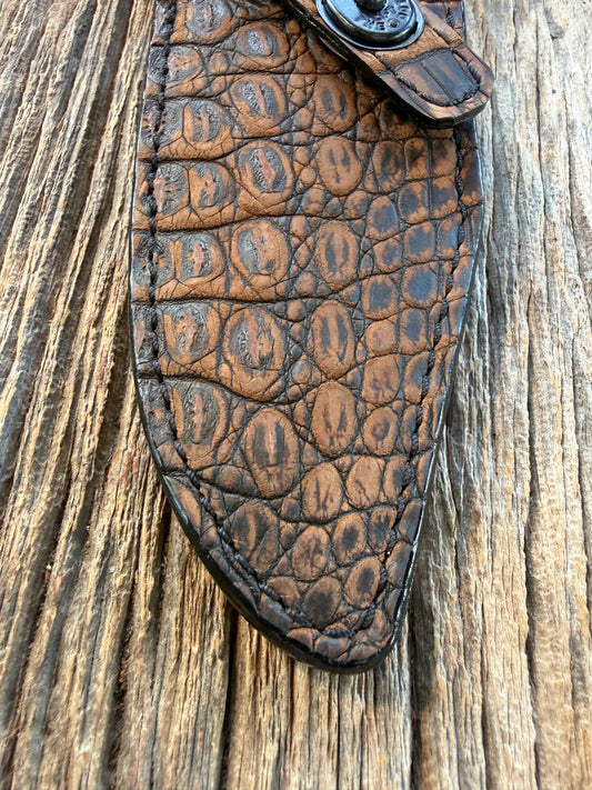 New Randall Model 19-5 Sheath in Exotic Dark Brown Sueded Crocodile from Treeman with the newest Black Canteen snap.