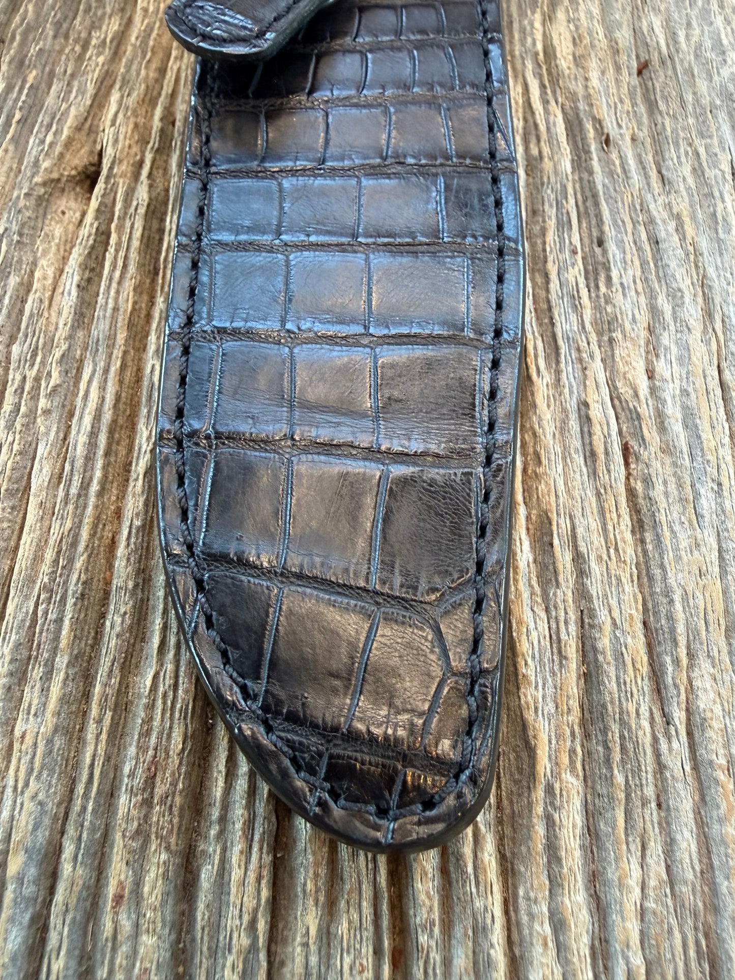 New Randall Model 1-6 Sheath in Exotic Black Crocodile from Treeman. Black canteen Snap .. Johnny Cash Style … All Black.