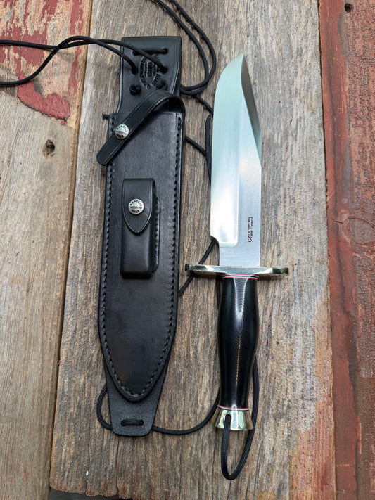 Nice Randall Model 12-9 in black Micarta handle. Red white and Blue spacers, Double Nickel Silver hilt, aluminum butt cap. Stainless blade.