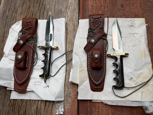 New in Paper a Pair of Sequentially numbered Randall Made Knife Mini Model 14’s Attack Knife Black Micarta SN # 838 and # 839