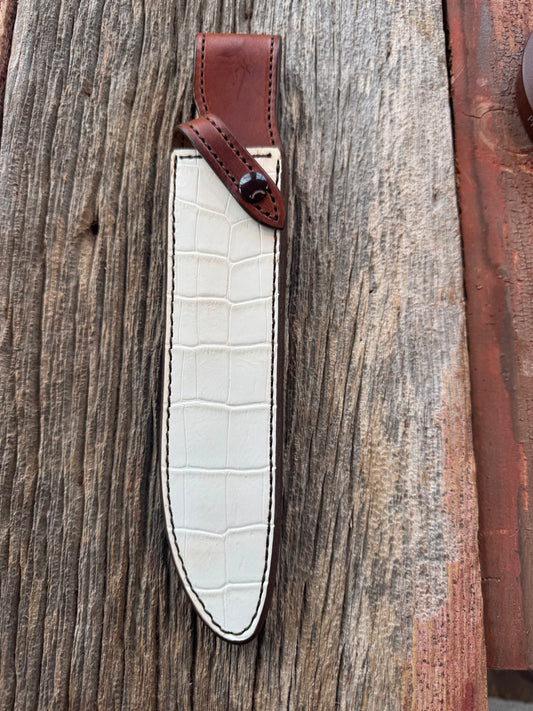 New Randall Model 1-8 or 2-8 Sheath in Exotic white Natural Croc with full leather belt loop. Custom Made at Sullivan’s by Gutcher.