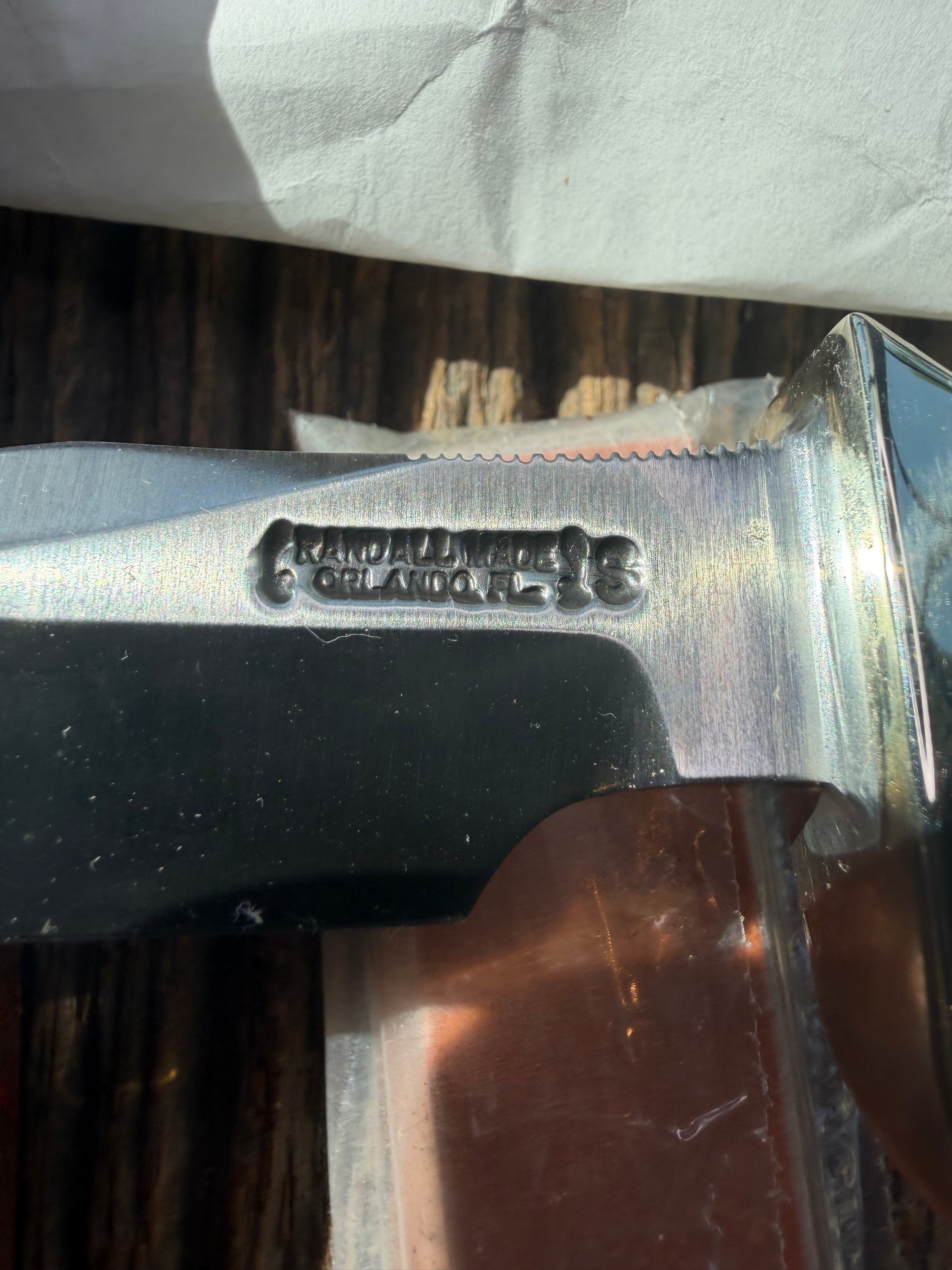 New in Paper Randall Knife Model #8-4 Old Style Trout And Bird Stag Handle, Stainless steel. Aluminum Crows Beak butt cap.