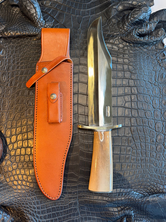 Randall Model 12-11 Smithsonian “Smitty” in a Huge piece of Green and Tan Fossil Walrus Ivory. Nickel Silver Hilt and Butt plate.