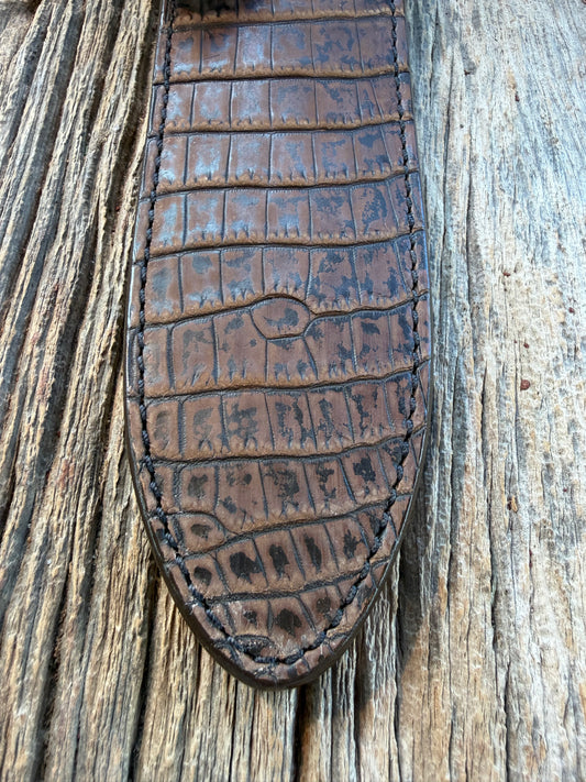 New Randall Model Clinton Special Sheath in Exotic Dark Brown Sueded Crocodile from Treeman with the newest Black Canteen snap.