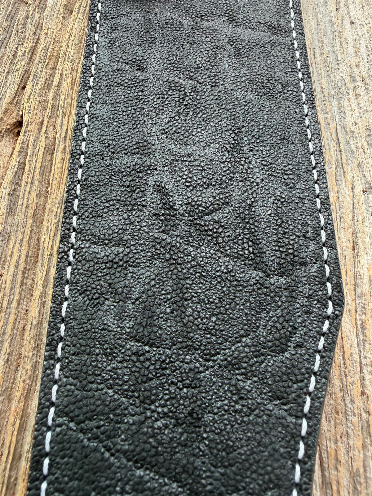 New Randall Model Smithsonian Sheath in Exotic Black Matte Elephant Hide from Treeman with a Black Canteen snap. White thread deviated stitching on black leather..Killer sheath.
