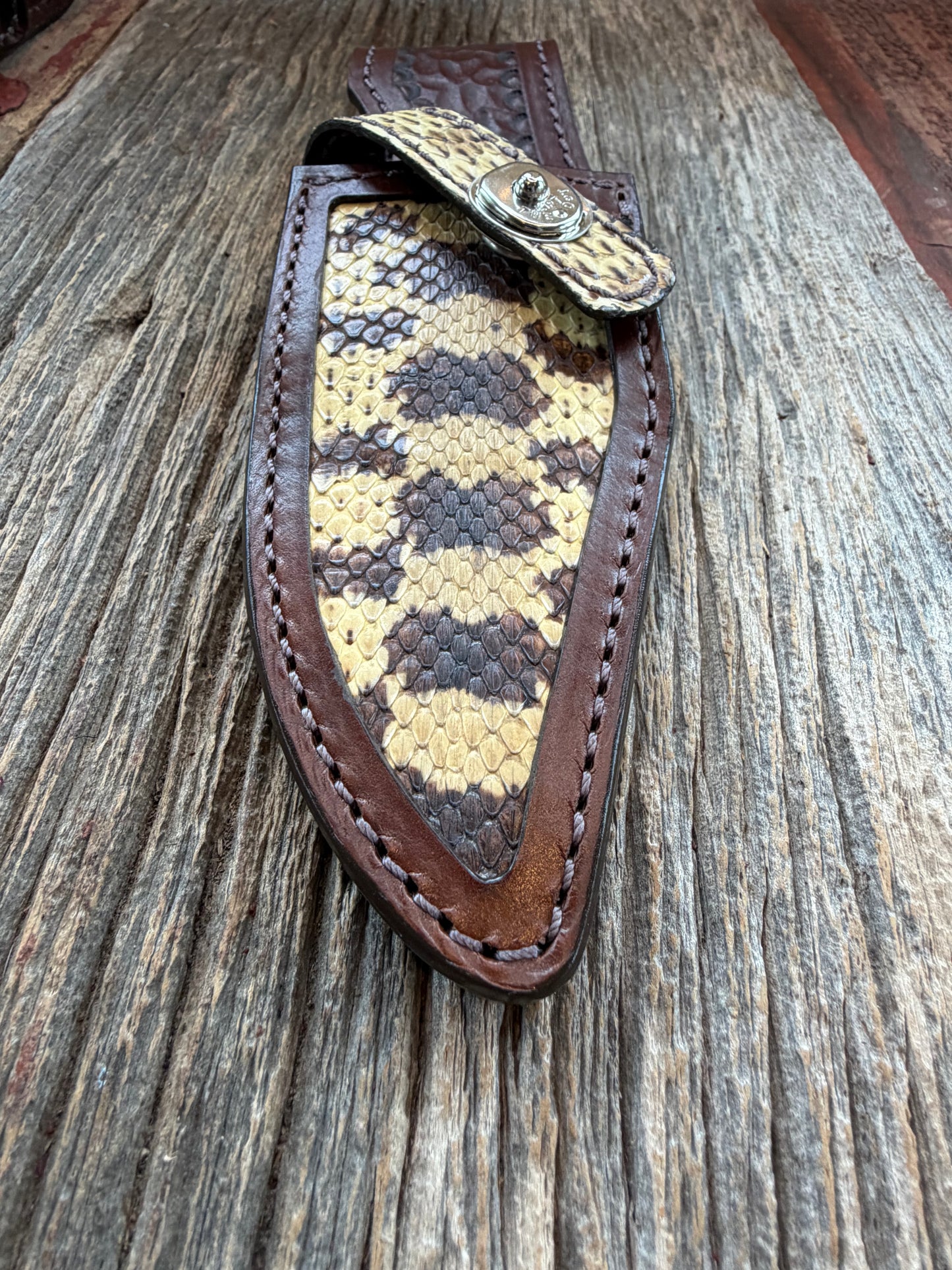 Randall Model 19-5 Sheath in Exotic West Texas Yellow Gopher Snake from Treeman Sheaths.