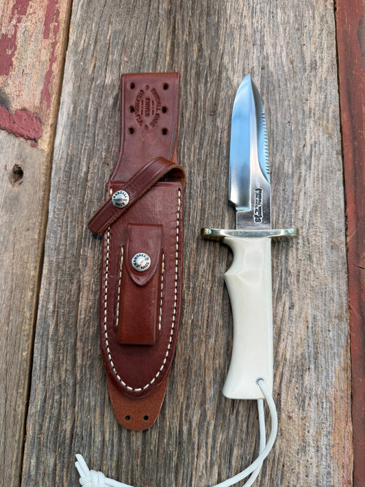 Randall Model 15-5 1/2 Airman White Ivorite Handle Stainless Nickel Silver Hilt Sawteeth Lanyard