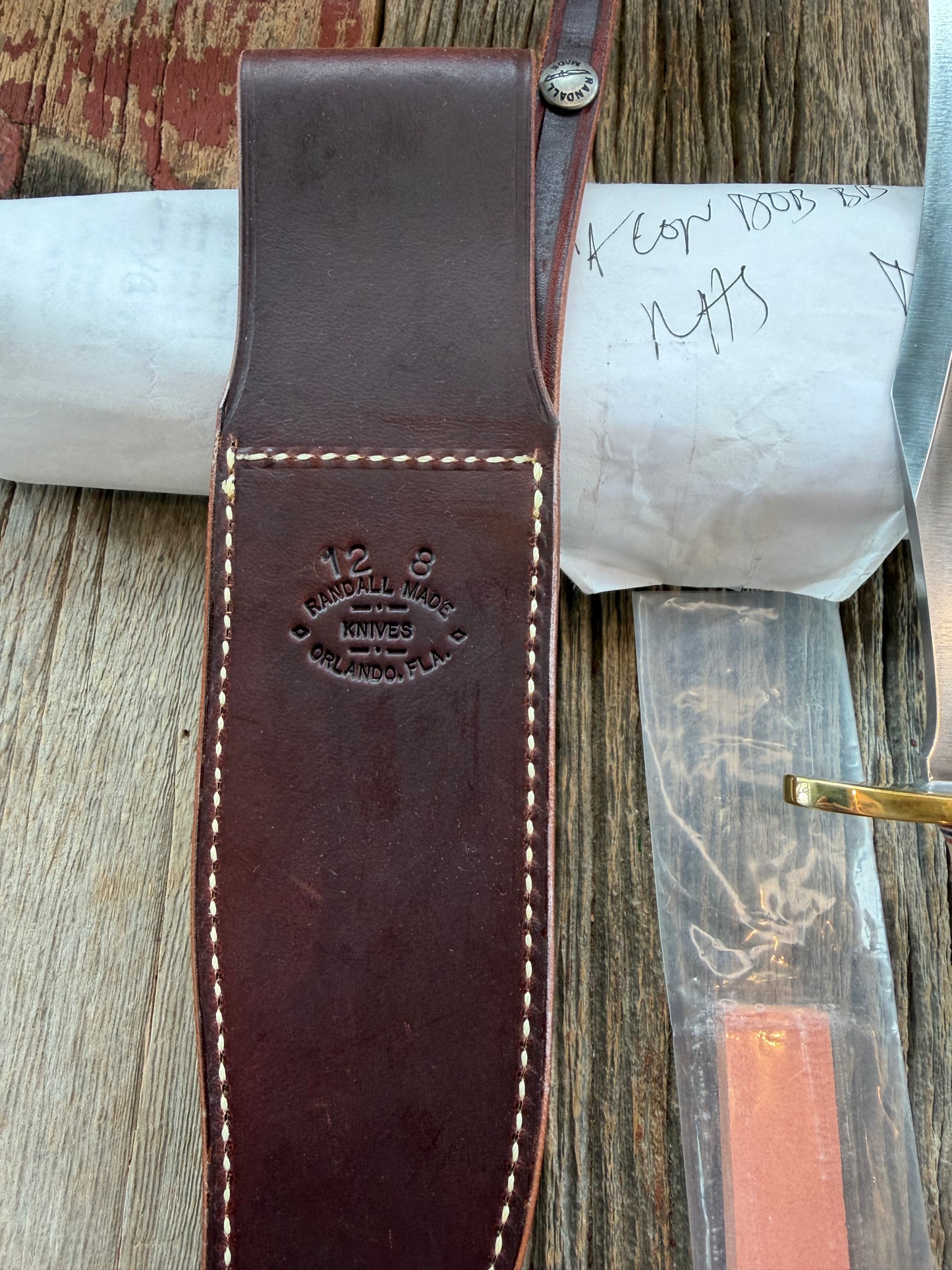 New Paper Randall Made Knife Model 12-8 supplied Maple handle, carbon  blade, brass hilt and rounded butt cap. Red white and blue spacers