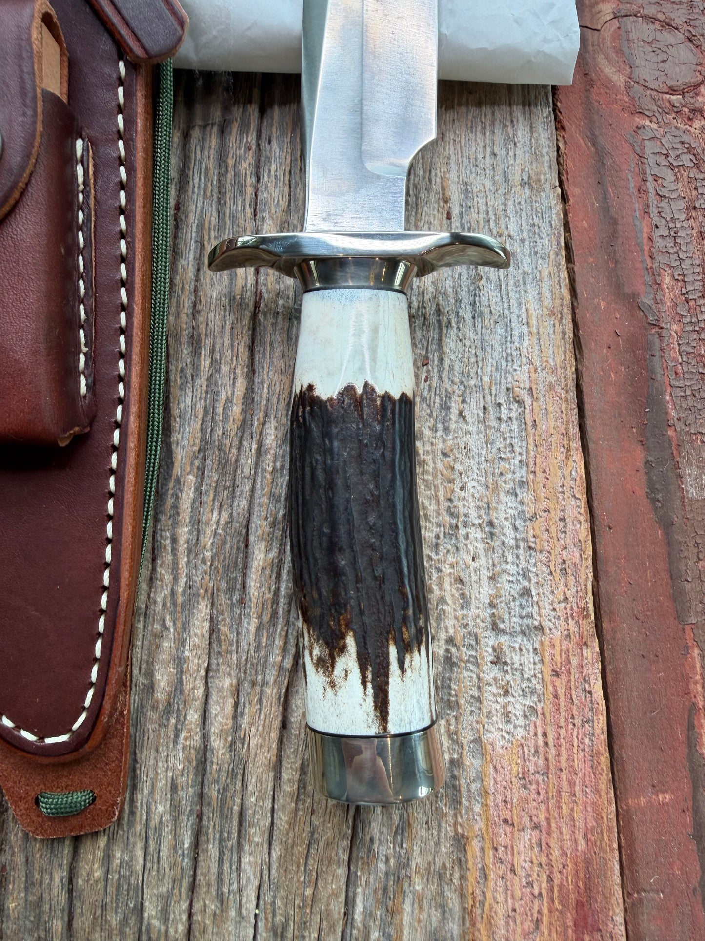 New in Paper Randall Made Knife Model 1-7 Dark Stag , Stainless, Nickel Silver Hilt, Aluminum butt cap. Nickel Silver Collar