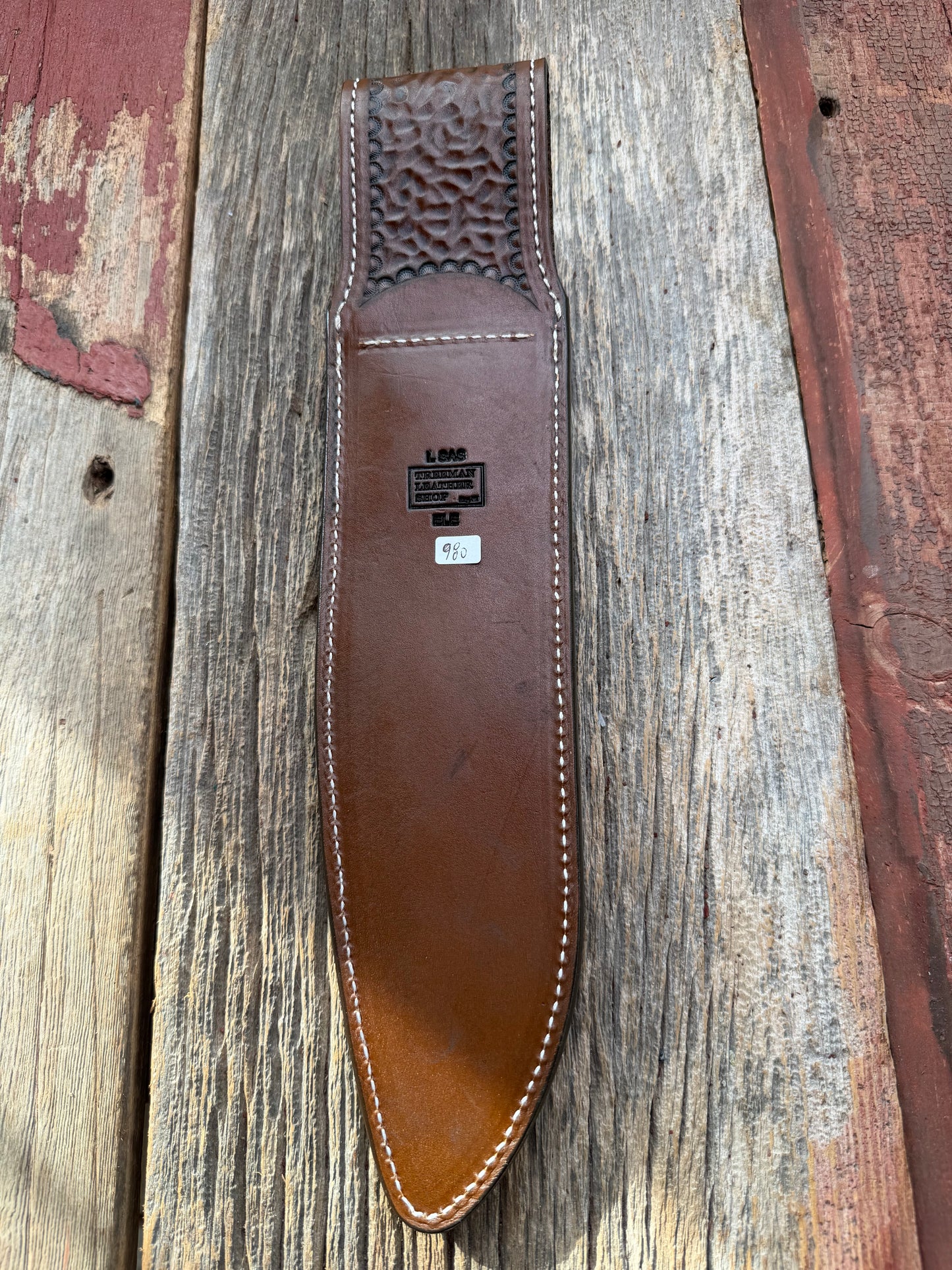 New Randall Model 12-11 Large Sasquatch Sheath in Exotic thick and textured Black and Grey Elephant Ear  on brown leather from Treeman with a silver Canteen snap. Hand tooled belt loop. Killer sheath.