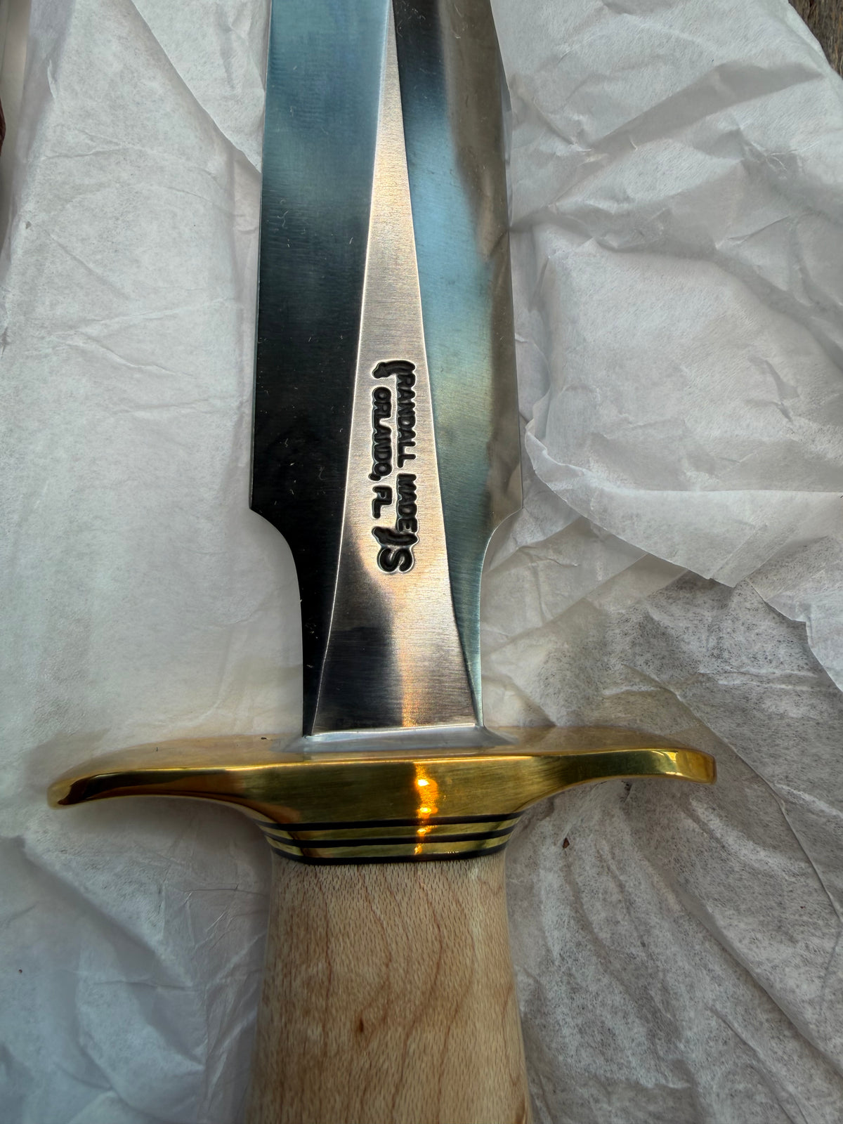New in Paper Randall Made Knife Model 2-7 Maple wood, Stainless, Black and gold spacers, Brass Hilt and  butt cap.