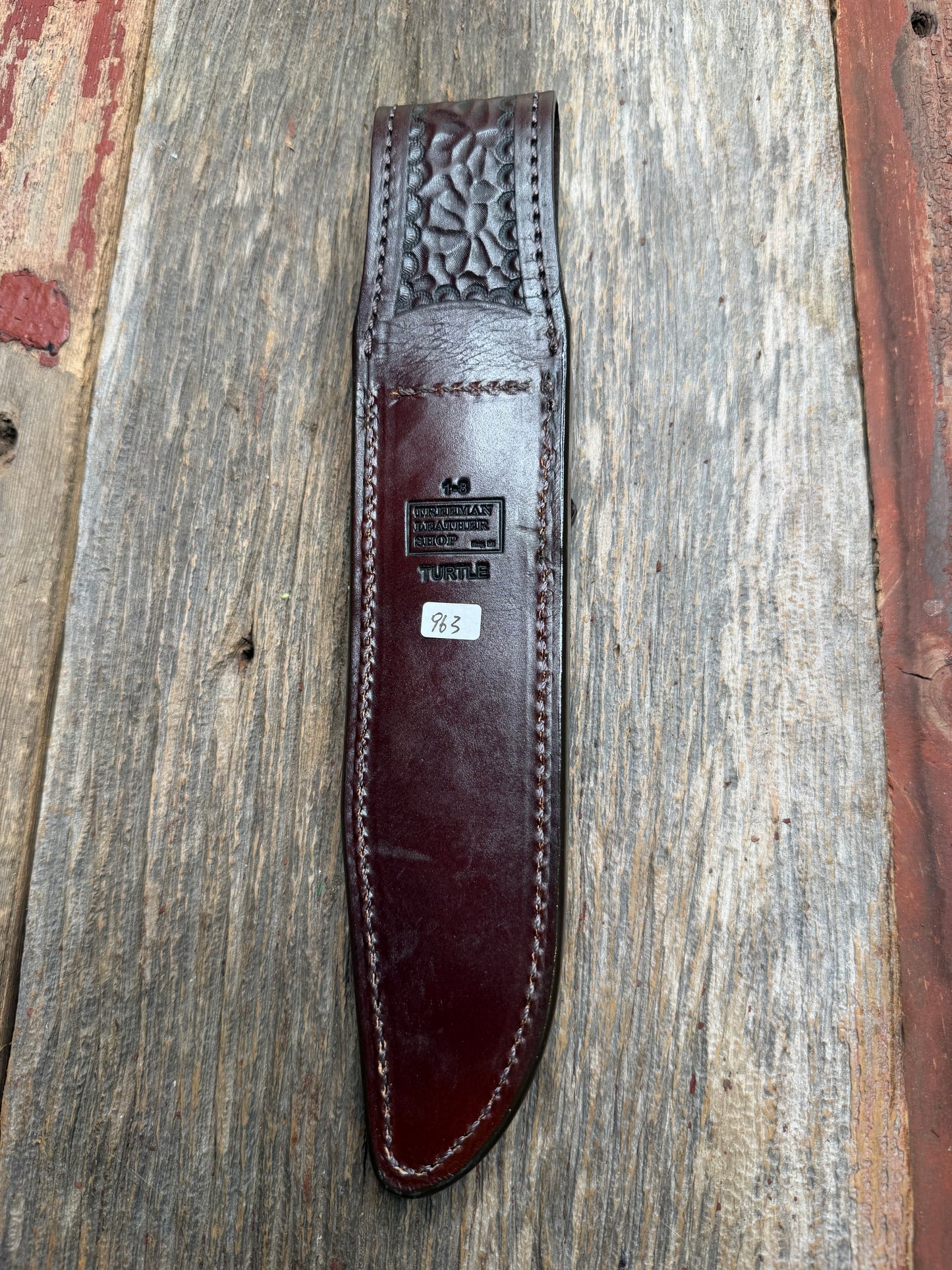 Randall Model 1-8 Sheath in Exotic Dark Brown Snapping Turtle by Treeman. Straight hilt and new black canteen snap… Spiked Dragon tail portion of the turtle.