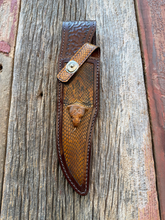 New Randall Model 12-8 Big Bear Sheath in Exotic Cobra with actual head by Treeman. Black and Browns … one of only a three I made.