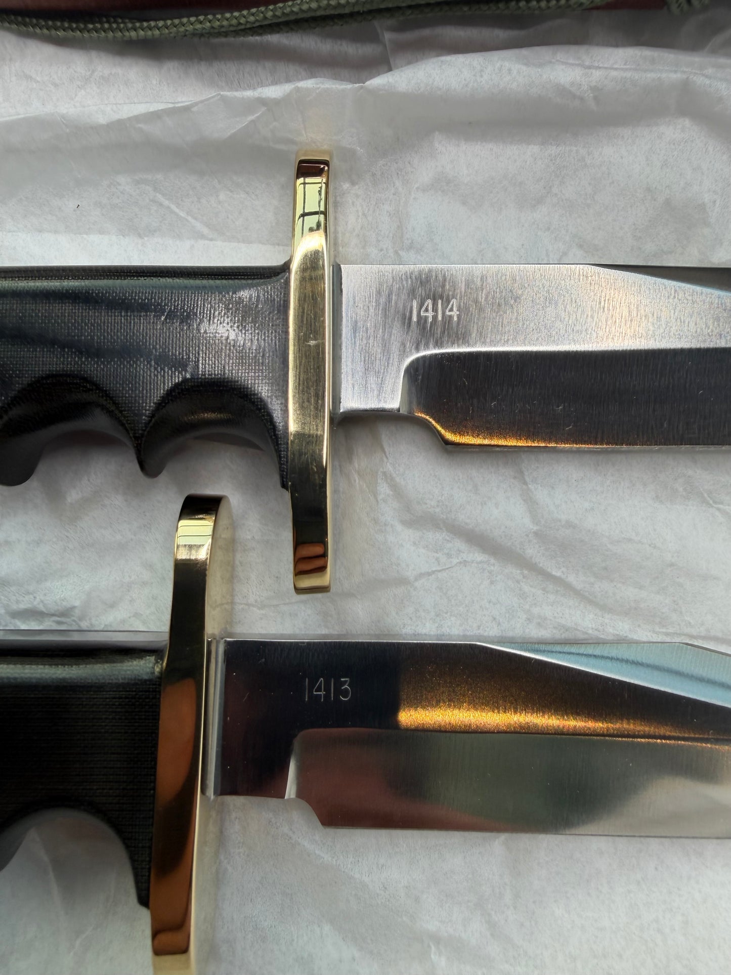 New in Paper a Pair of Sequentially numbered Randall Made Knife Mini Model 14’s Attack Knife Black Micarta SN # 1413 and # 1414