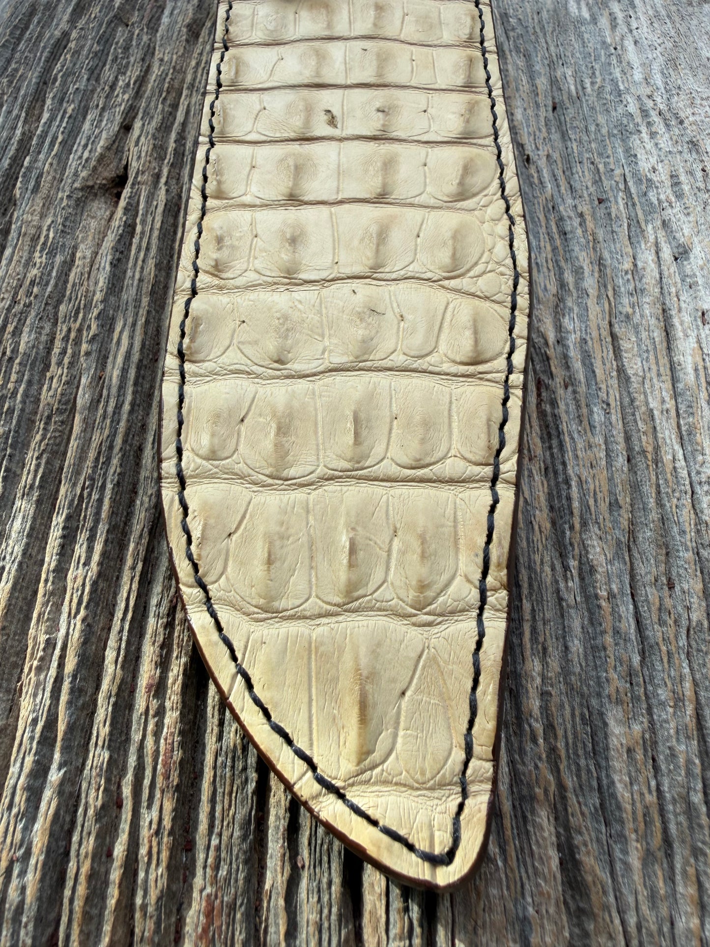 New Randall Model 12-9/14 Grind Sheath in Exotic Ivory Matte Crocodile ( back portion) from Treeman with a black Canteen snap. Killer sheath.