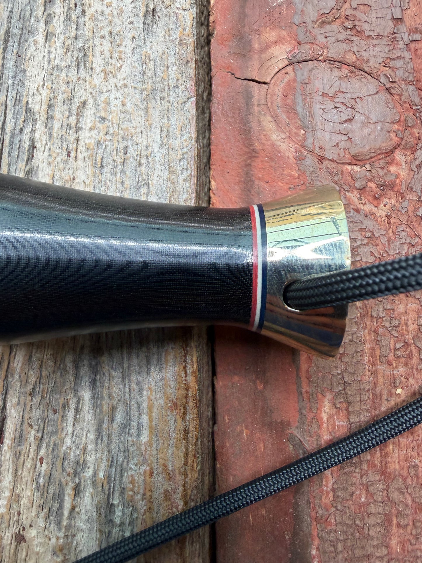 Nice Randall Model 12-9 in black Micarta handle. Red white and Blue spacers, Double Nickel Silver hilt, aluminum butt cap. Stainless blade.