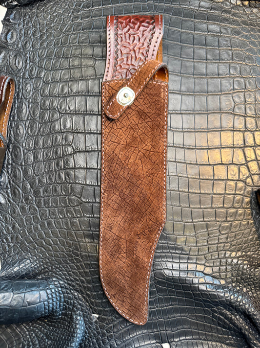 Randall Model 12-11 Smithsonian “Smitty” in Chocolate Hippo, forward curved hilt, Canteen Snap, full brass stamping and stitching.