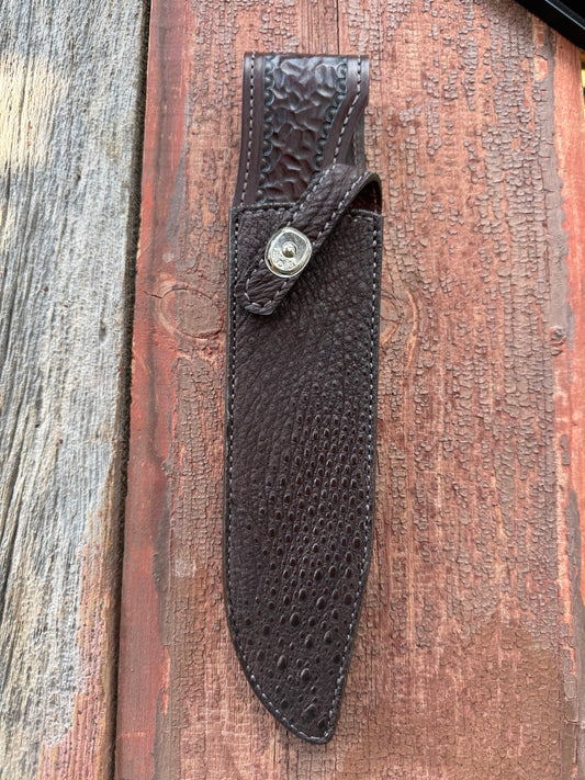 Randall Model 12-9/14 Grind Sheath in Exotic Dark Brown Snapping Turtle by Treeman. Supple tanned leather from the hind quarter.