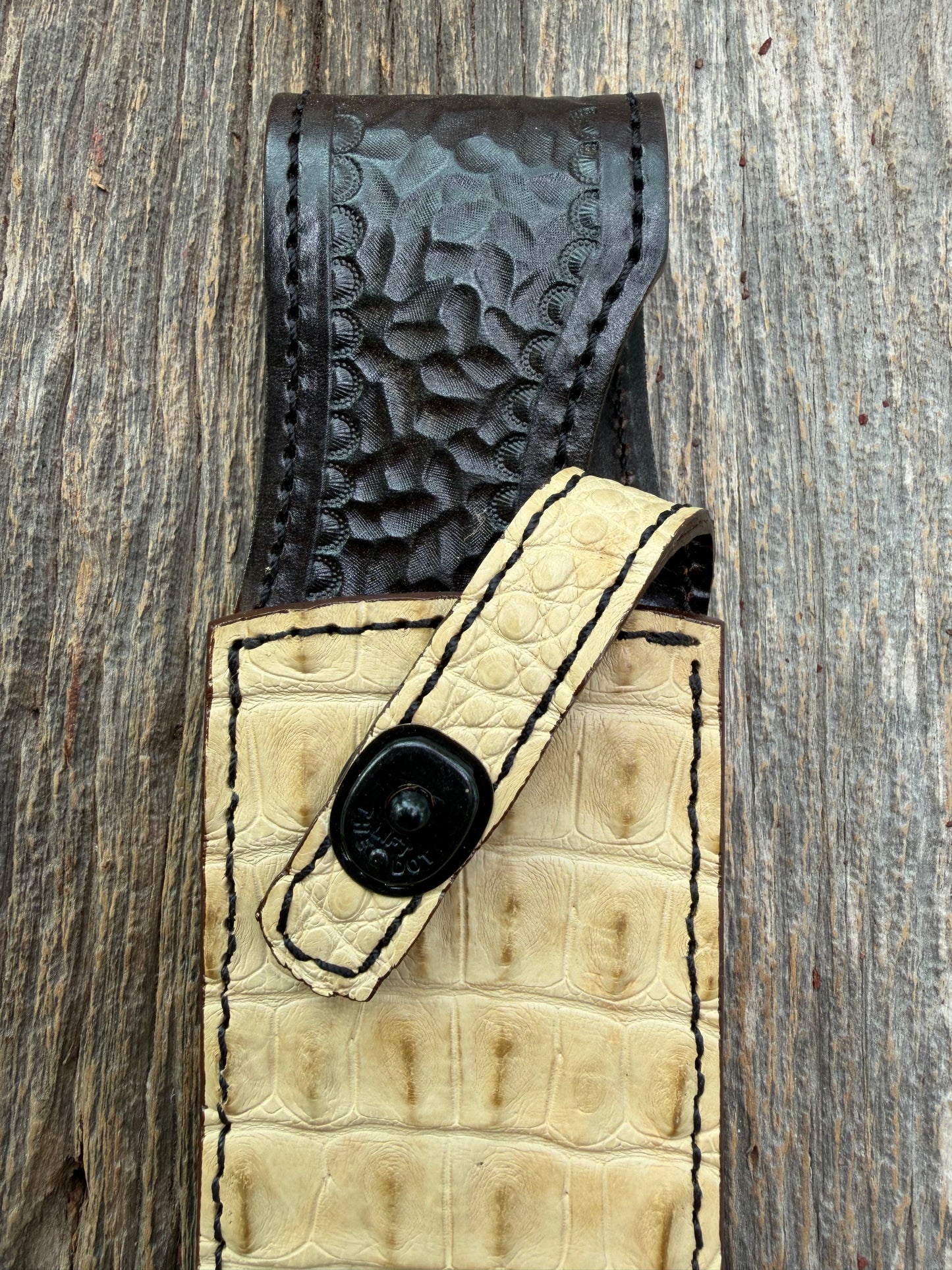 New Randall Model 12-9/14 Grind Sheath in Exotic Ivory Matte Crocodile ( back portion) from Treeman with a black Canteen snap. Killer sheath.