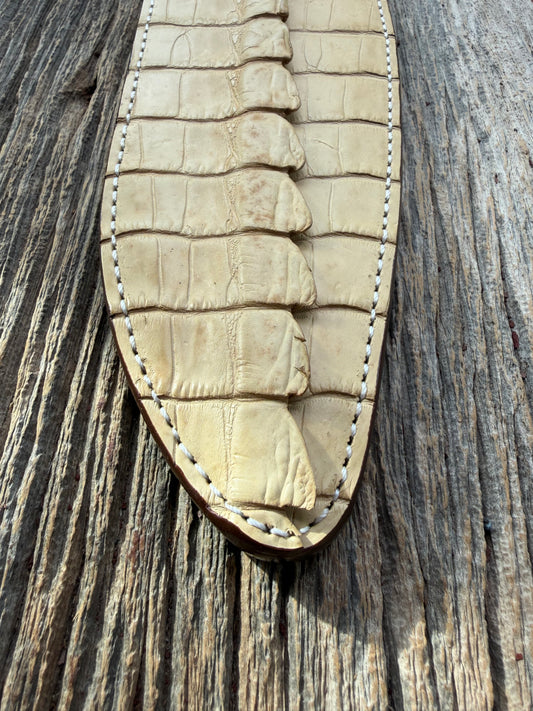 New Randall Model 12-11 Large Sasquatch Sheath in Exotic Ivory Matte Crocodile ( tail portion) from Treeman with a silver Canteen snap. Killer sheath.