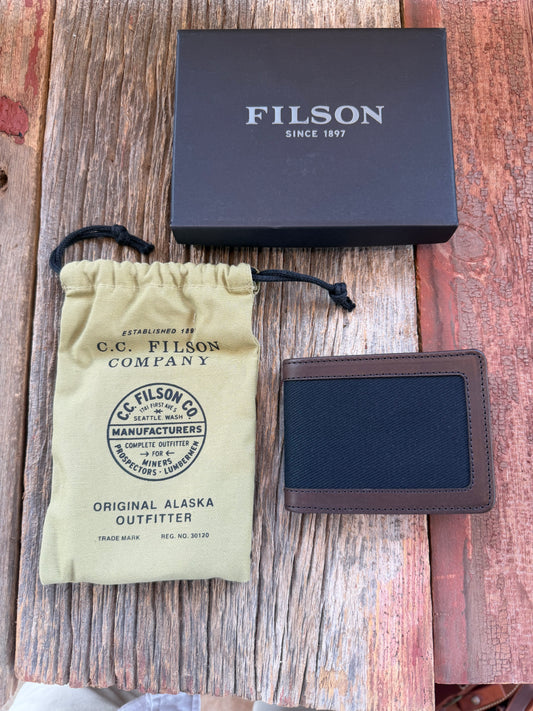 New in Box Filson Outfitter Leather Wallet in Black Twill USA 20187879 Discontinued long ago.