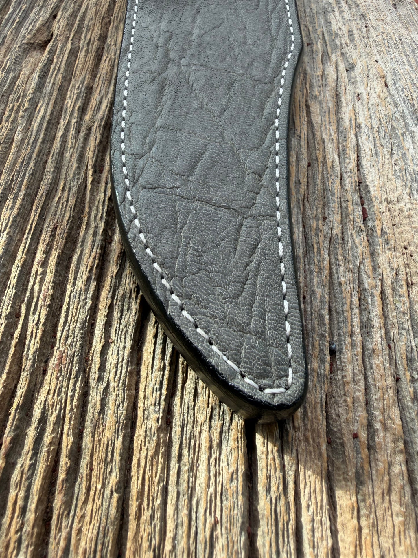 New Randall Model 12-8 Big Bear Sheath in Exotic thick and textured Grey Elephant Hide on black leather from Treeman with a silver Canteen snap. Hand tooled belt loop. Killer sheath.