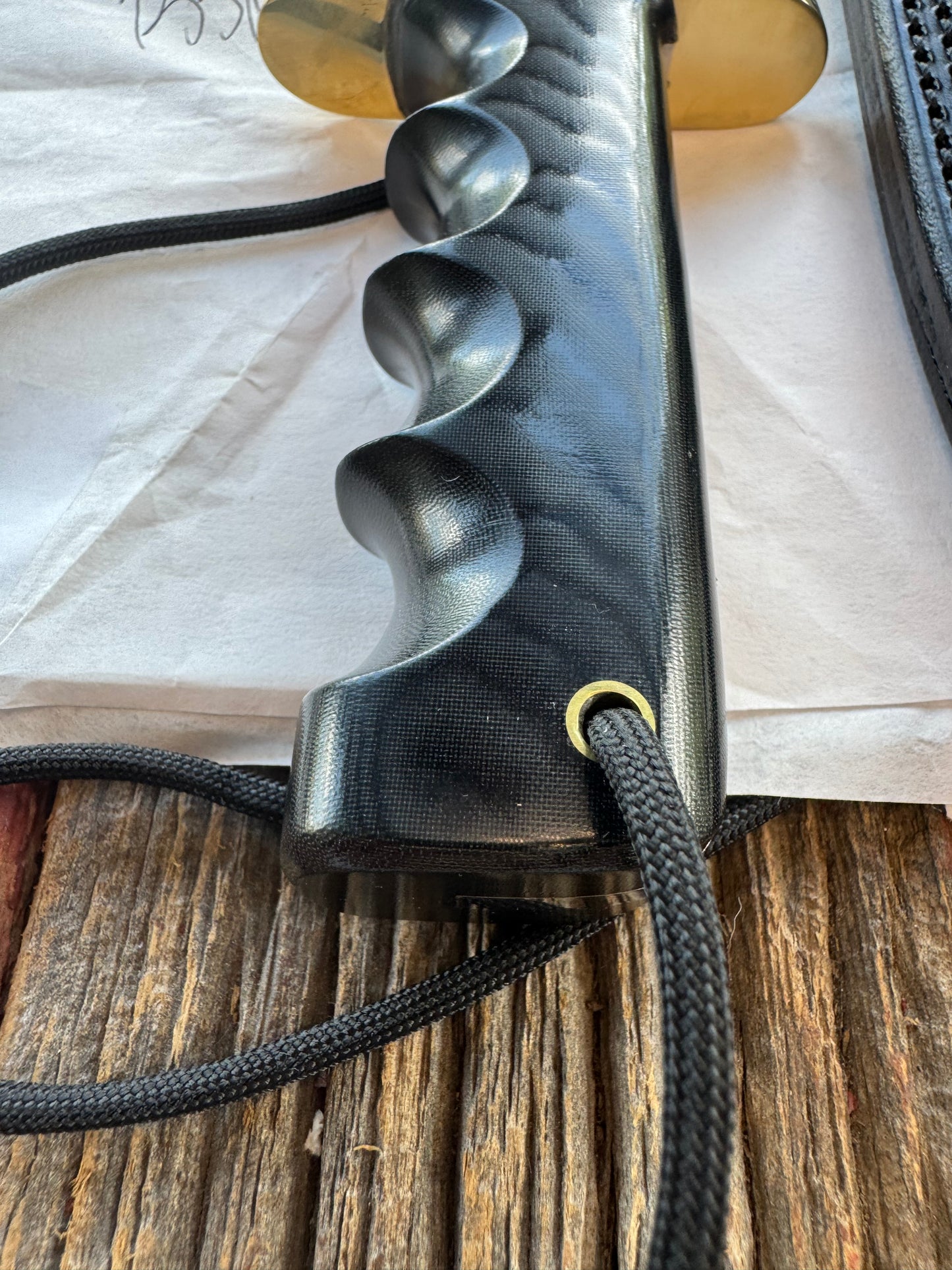 New in Paper Randall Knife Model 14 CDT Black Micarta Brass Hilt Full Tang Stainless, Sawteeth, black sheath.