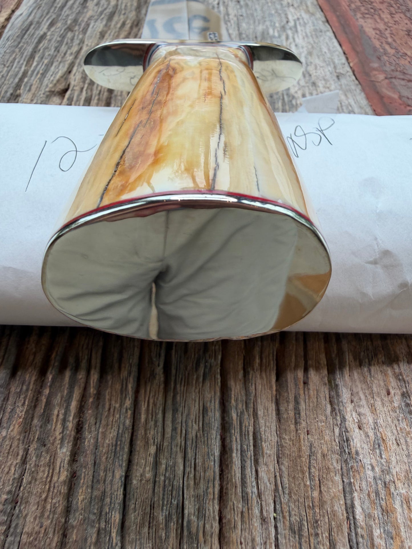 New in Paper Randall Knife Model 12-9 beautiful Fossil walrus handle, incredible colors (creams, browns , oranges) Double Nickel Silver hilt, nickel plate, Stainless Steel, RWB spacers