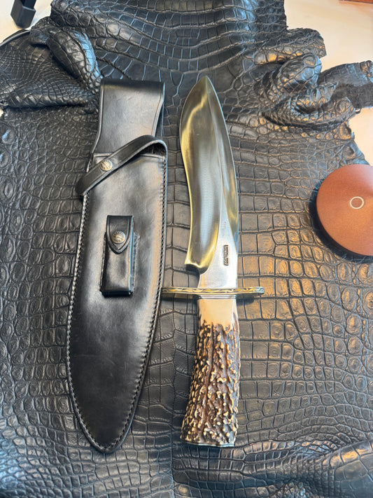 Randall Model 12-11 Dealer Special Large Sasquatch in a Huge piece of Popcorn Stag. Gold and Silver Engraved, Nickel Silver Hilt and Butt plate.