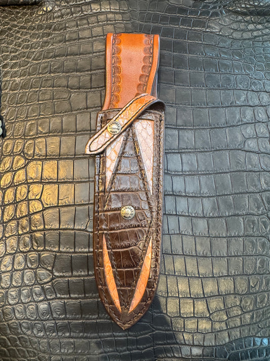 Randall Model Clinton Special Sheath in Exotic Diamond Pattern Inlaid with Brown Crocodile over Python Custom Made at Sullivan’s by Gutcher.