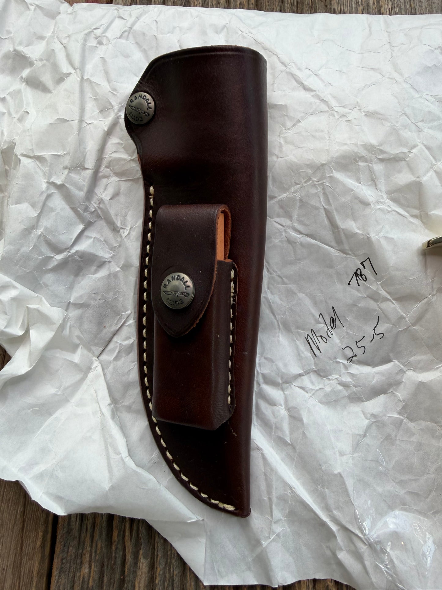 New in paper Randall Knife Model 25-5 Trapper in Stag Leather Handle Stainless Blade, NSH Hilt