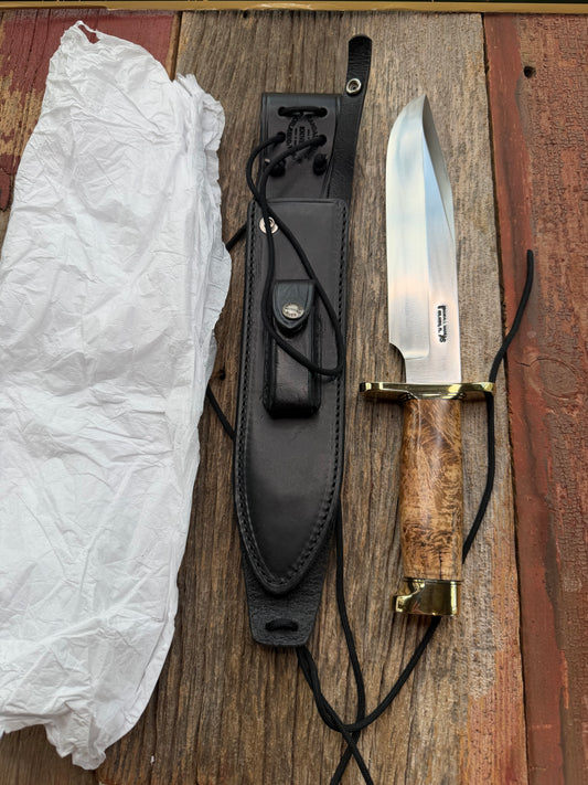 New in Paper Randall Knife 12-9 Spalted Maple wood handle, Double Brass Hilt + Crows Beak Butt Cap, Stainless Steel.