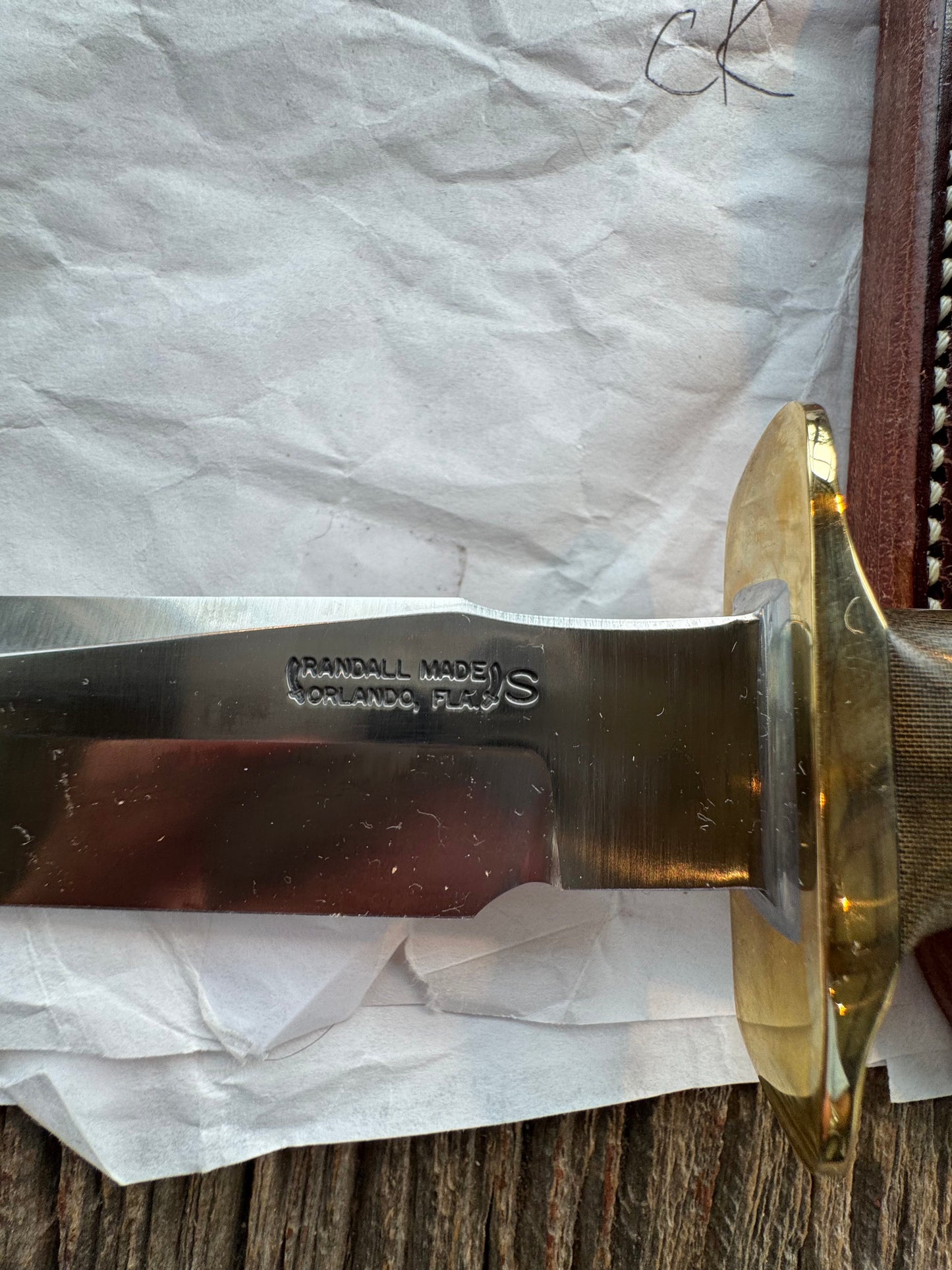 New in Paper Randall Model 16 SP#1 Special fighter with a Green Micarta handle. SS blade, Brass hilt. Lanyard. Brown leather sheath.