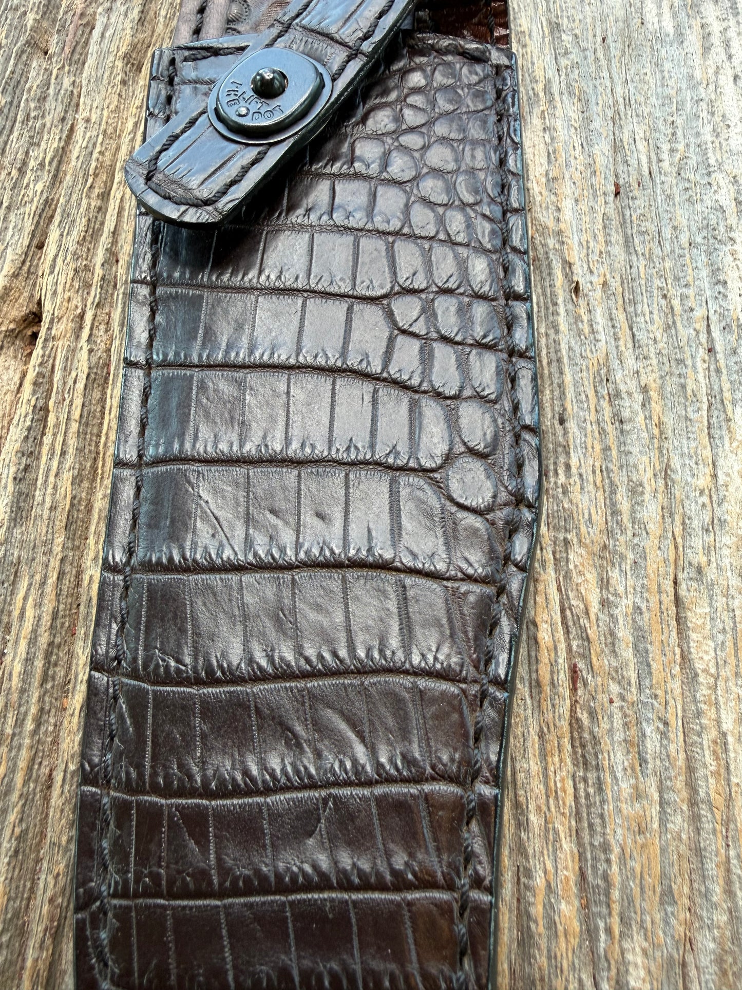 New Randall Model 12-8 Sheath in Exotic Dark Brown Matte Crocodile from Treeman with the newest Black Canteen snap. Killer sheath.