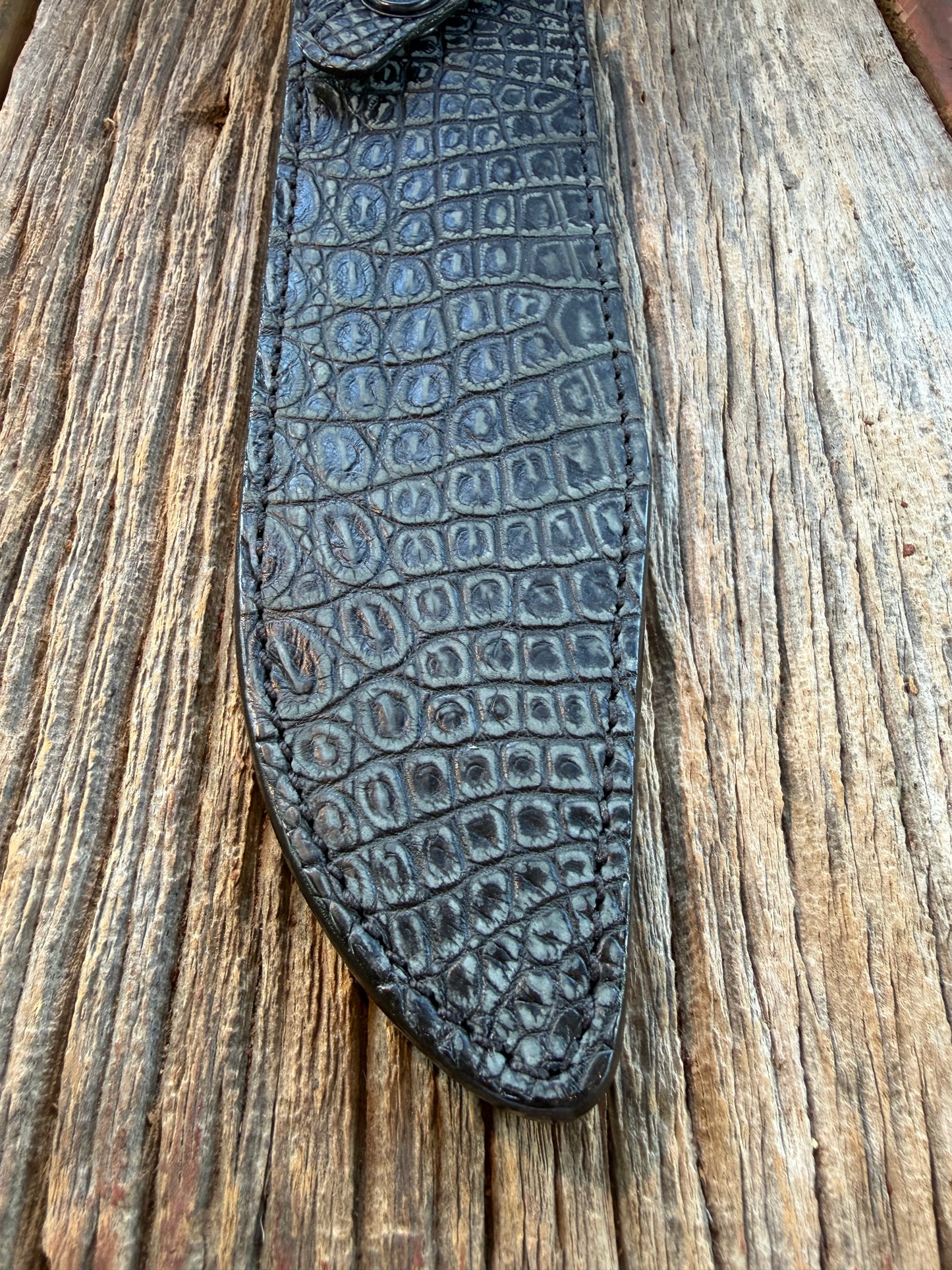 New Randall Model 12-9 Sheath in Exotic Black/Grey Matte Crocodile from Treeman with the newest Black Canteen snap.