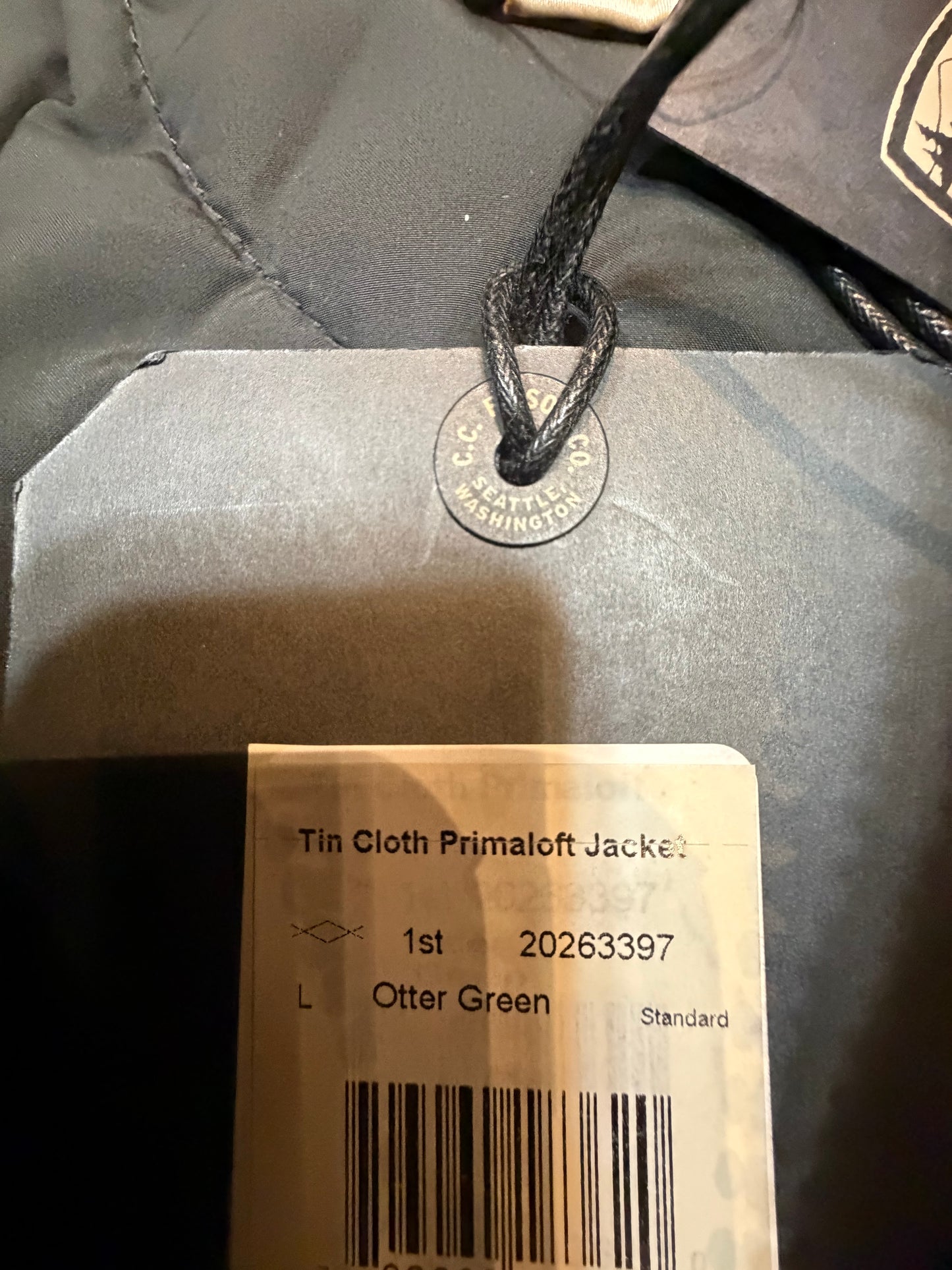 NWT Filson TIN CLOTH PRIMALOFT® JACKET in Otter Green in a size Large NWT