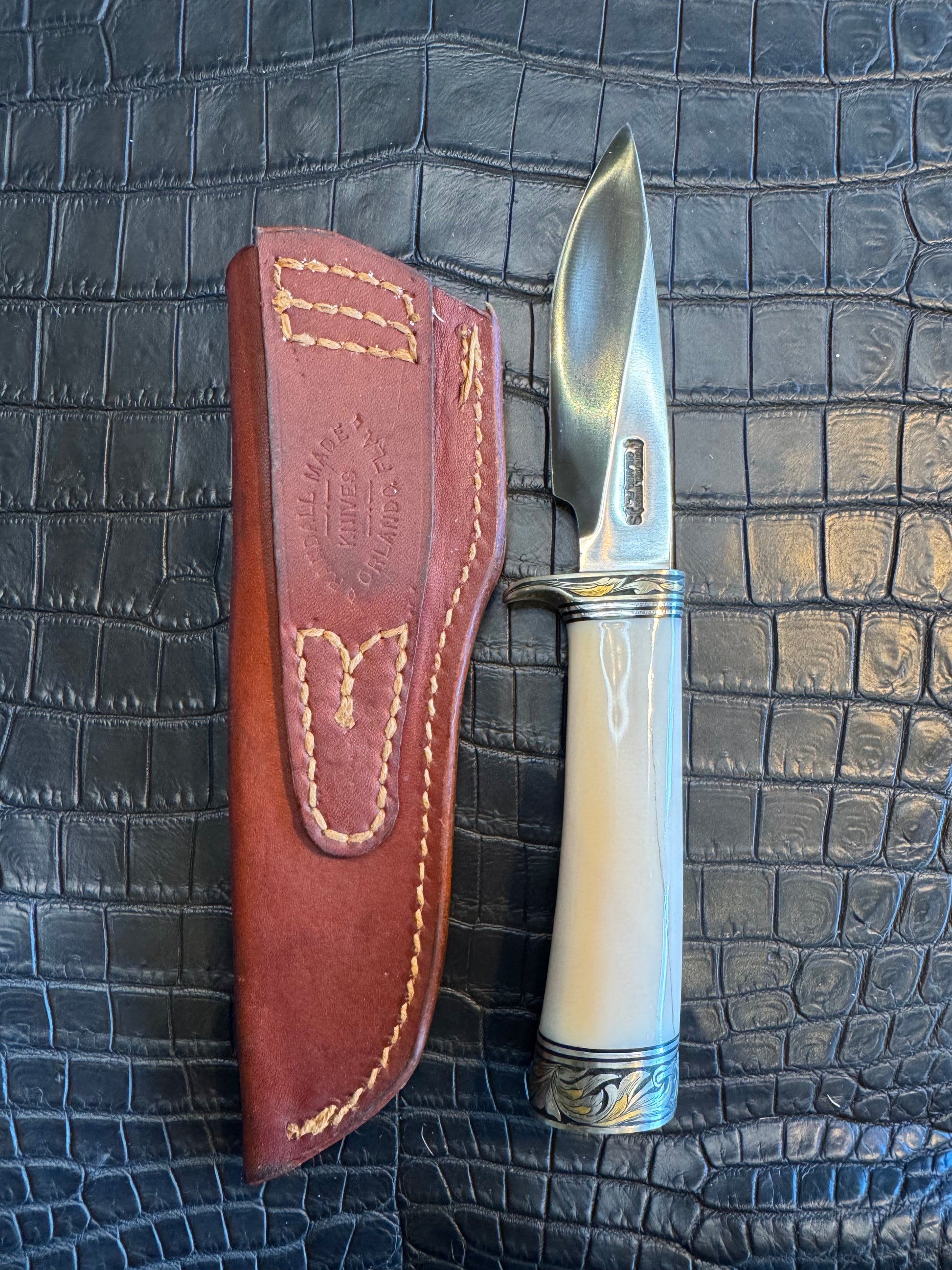 Randall Model 26 in Elephant Ivory, Gold and Silver Engraved, Nickel Silver Single Hilt and Butt cap fully engraved.