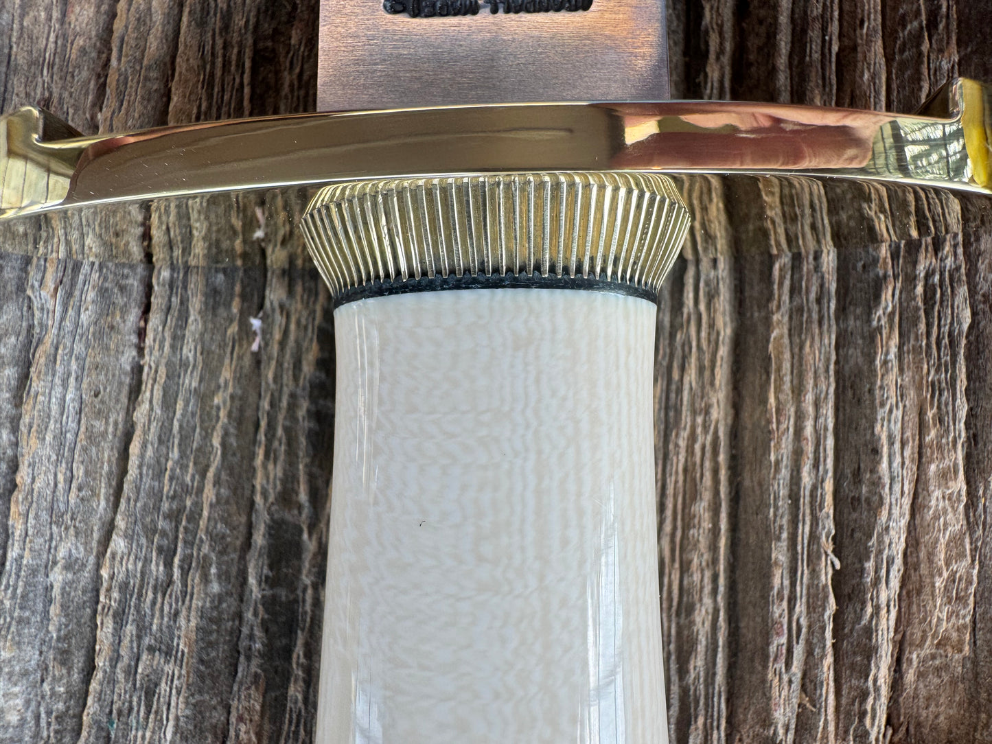 New in paper Randall Clinton Special with a nice piece of customer supplied Warthers Resin with concave grip, Stainless Steel, Brass Lugged Hilt and brass scalloped coolie cap.