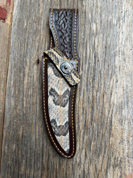 Randall Model 27 sheath with a Canebrake RattleSnake skin from Treeman Sheaths. Vibrant colors and along side Copperheads the hardest skin to source.