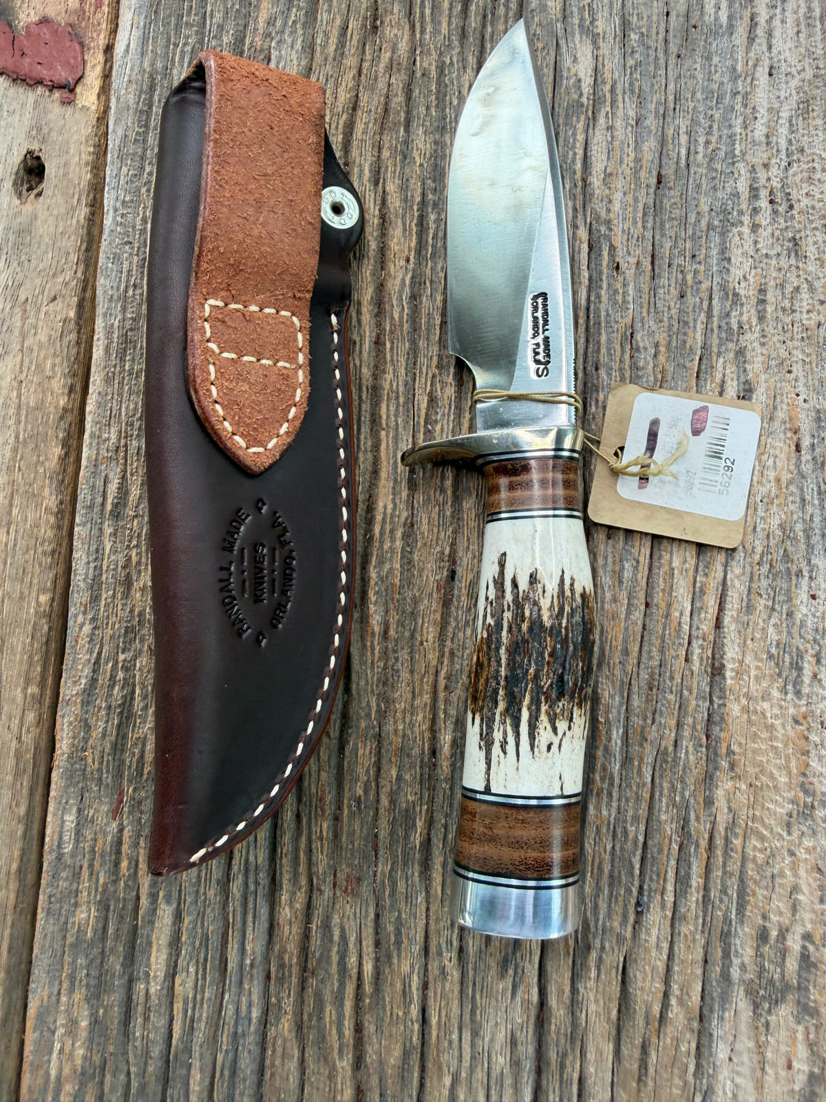 New Randall Model 25-5 with a Stag handle. Stainless steel blade, Nickel silver hilt, Aluminum butt. BL AL spacers