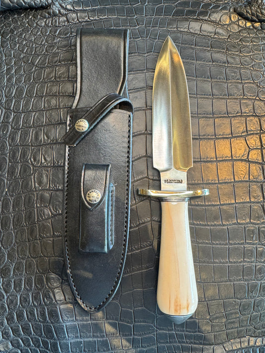 Randall Tom Clinton Dealer Special in a gorgeous piece of Creamy Fossil Walrus Ivory. Nickel Silver Hilt and Aluminum Flanged Butt cap.